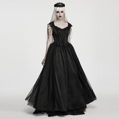 WQ-990LQF Long Black Gothic Dress with Lace and Chain Details