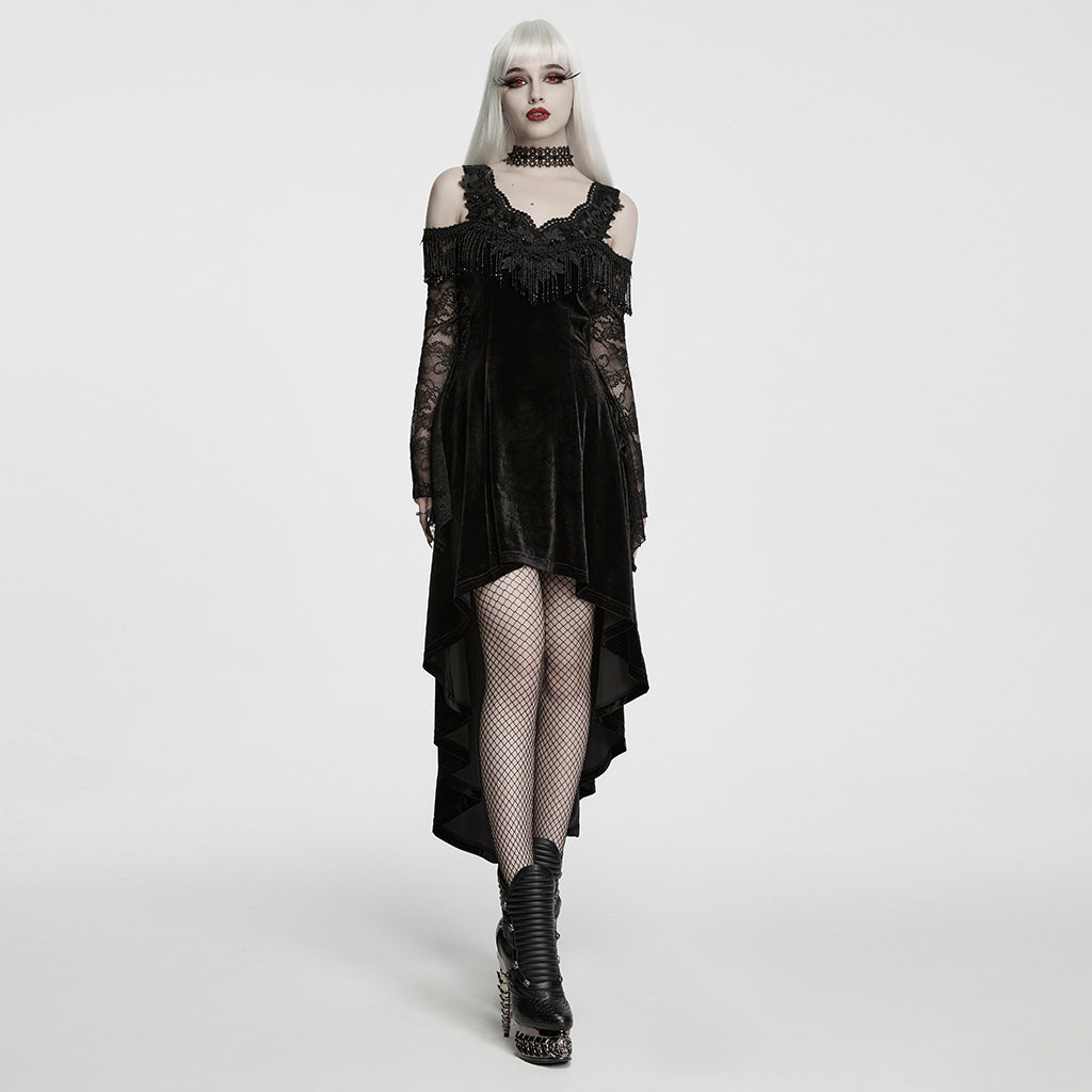 WQ-996LQF Elegant Gothic Dress with Lace Sleeves Velvet Asymmetrical Hem