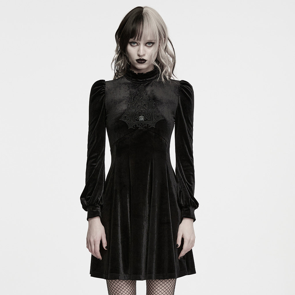 WQ-998LQF Elegant Velvet Long Sleeve Gothic Dress with Embroidered Details