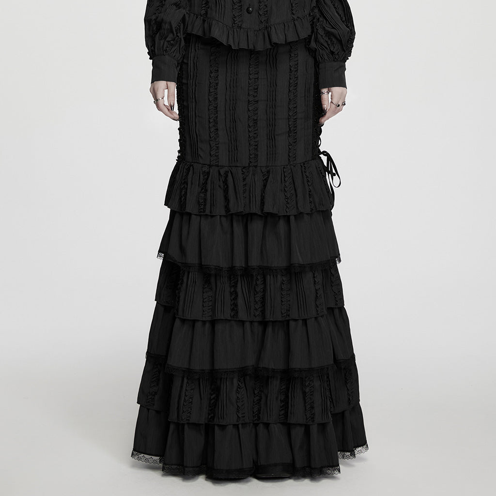 WQ-999BQF Black Gothic Skirt with Layered Ruffles and Lace Trim