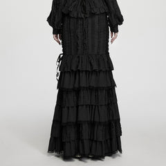 WQ-999BQF Black Gothic Skirt with Layered Ruffles and Lace Trim