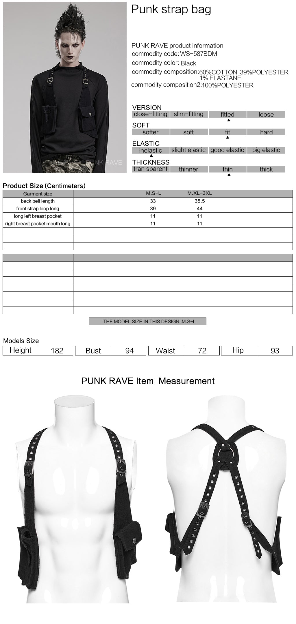 WS-587BDM Gothic Strap Harness Vest Riveted Punk Accessories Statement