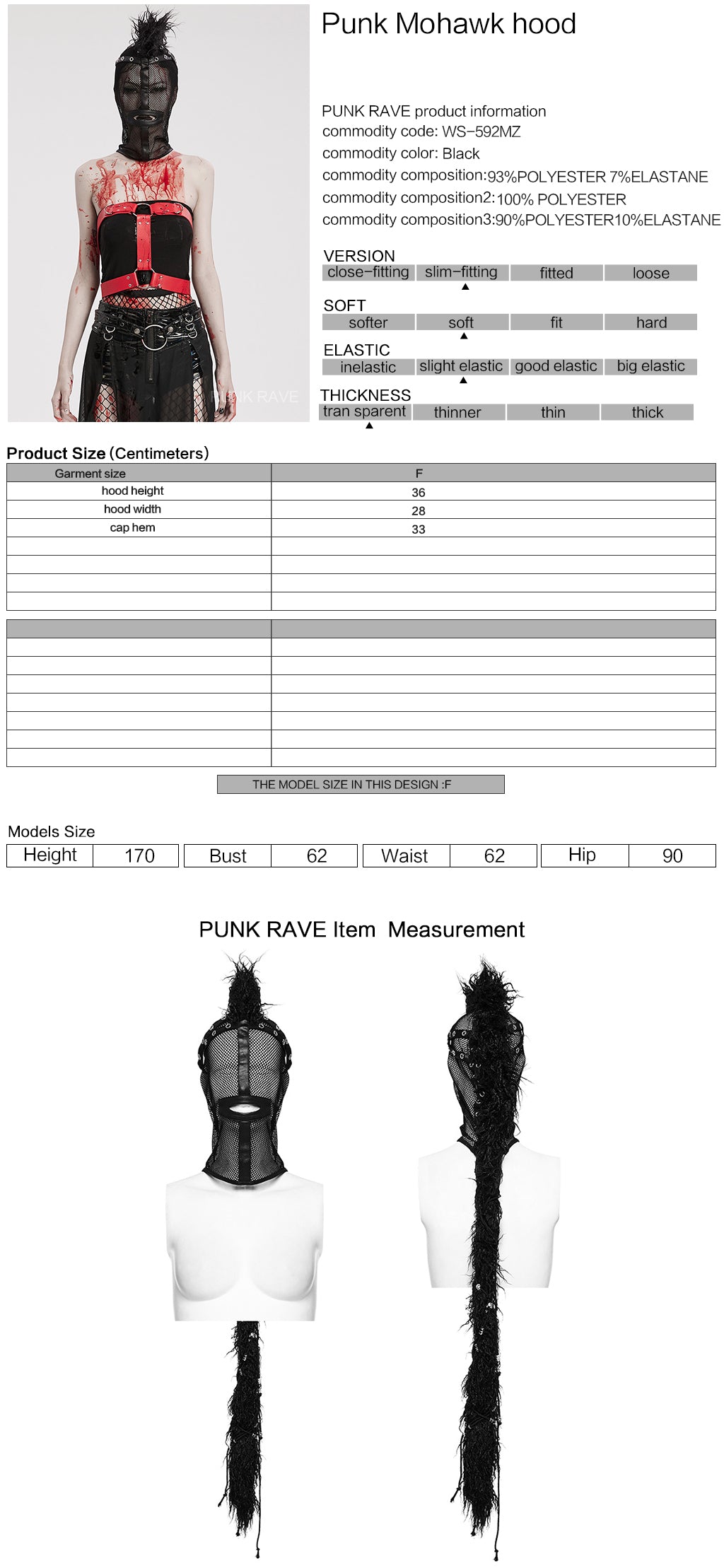 WS-592MZ Mesh Headgear with Spike Detail Mohawk Punk Accessories