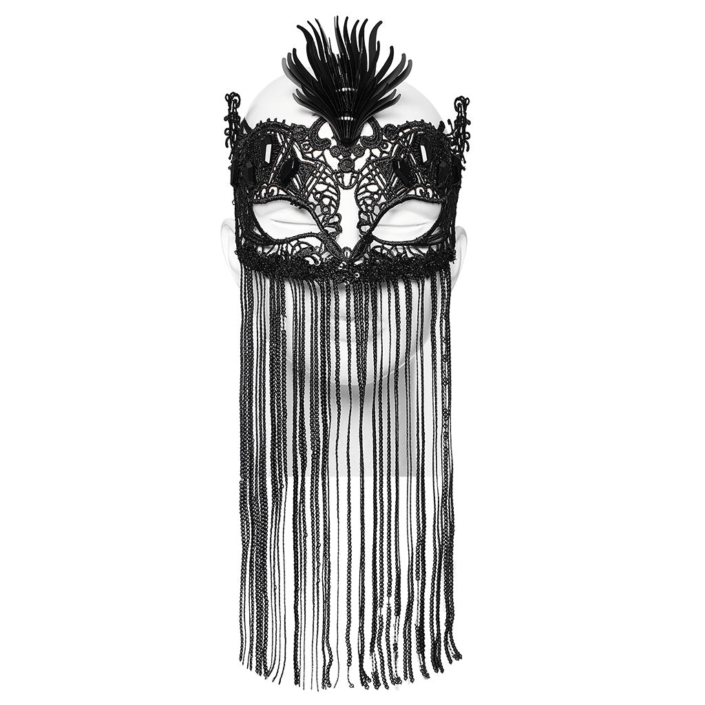 WS-593QTF Gothic Lace Mask with Fringe Mysterious black Veil Accessory