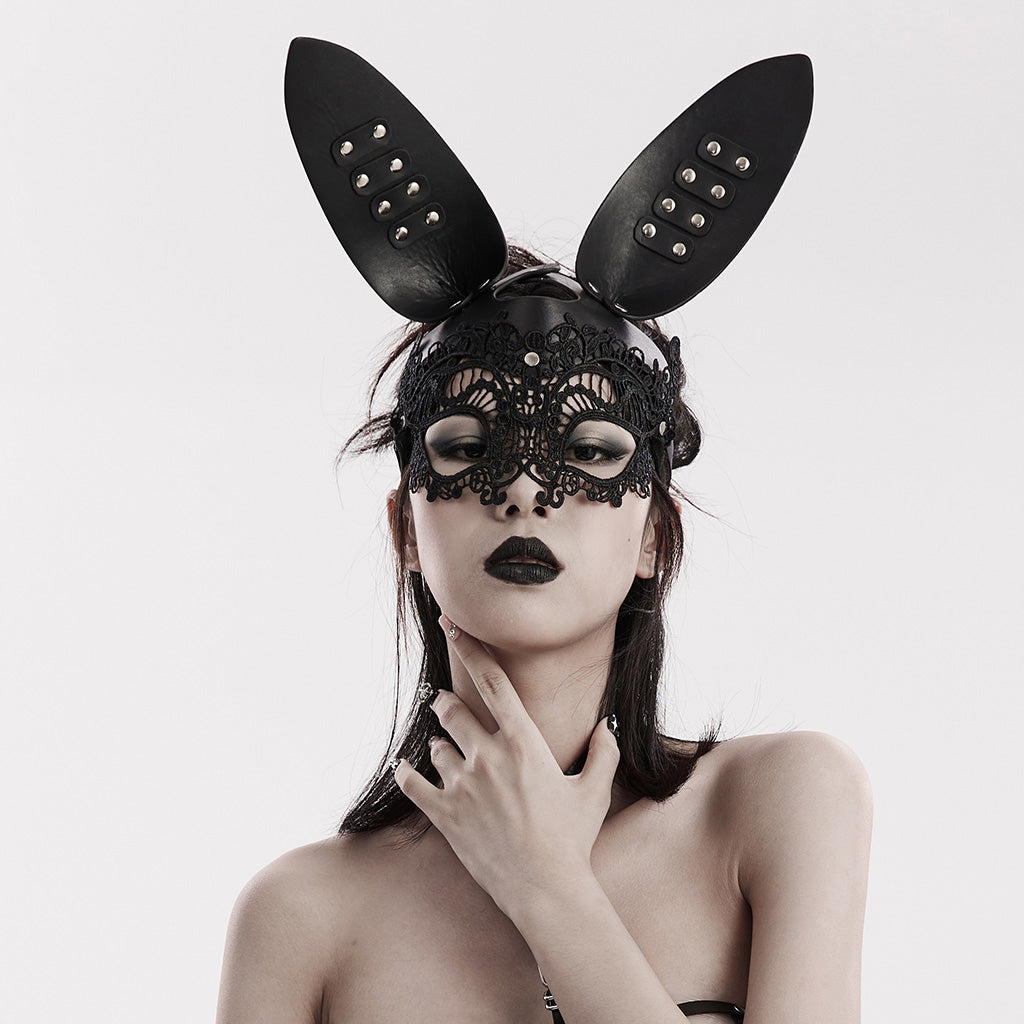 WS-594QTF Gothic Rabbit Lace Mask with Studded Leather Ears?-??Punk Rave Clothing