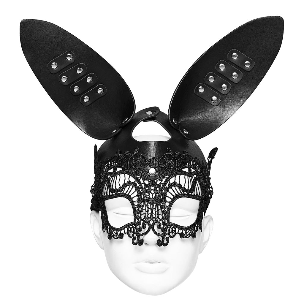 WS-594QTF Gothic Rabbit Lace Mask with Studded Leather Ears?-??Punk Rave Clothing