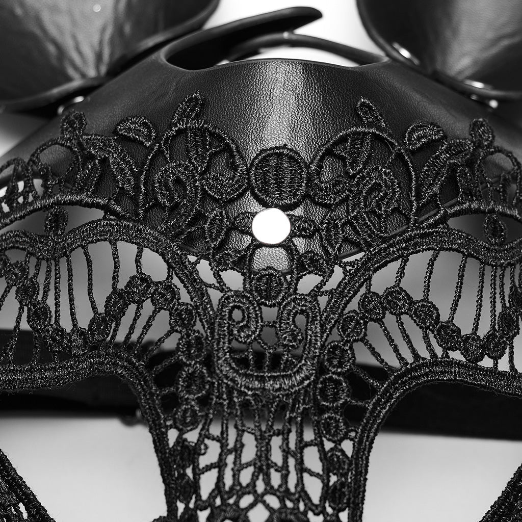 WS-594QTF Gothic Rabbit Lace Mask with Studded Leather Ears?-??Punk Rave Clothing