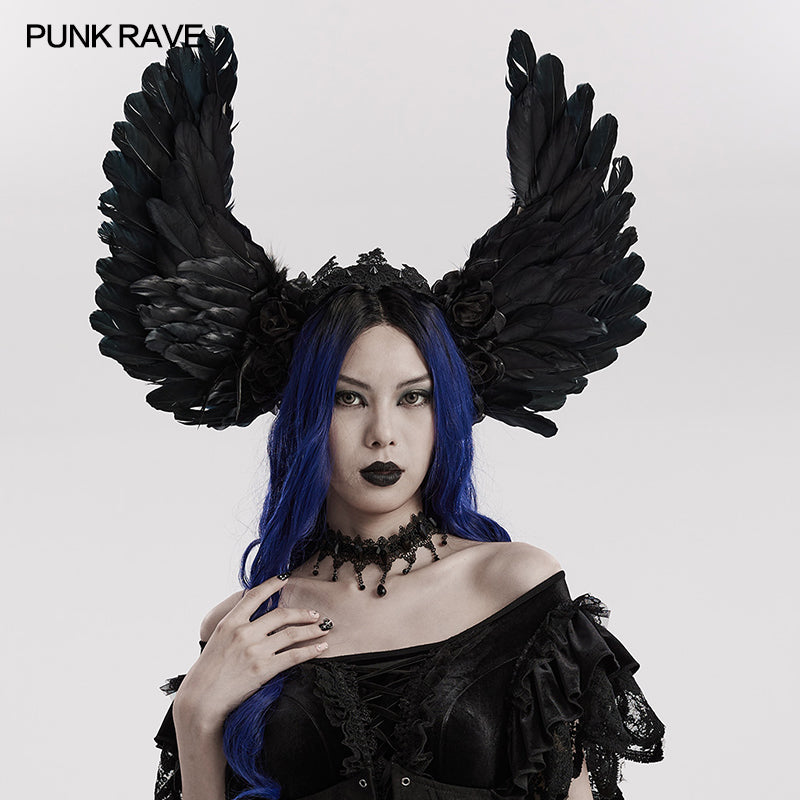 WS-596FSF Gothic Angel Black Feathered Wing Headband Hairpiece?-??Punk Rave Clothing