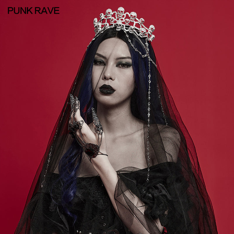 WS-605FSF Gothic Silver Skull Crown with Dramatic Chain Details?-??Punk Rave Clothing