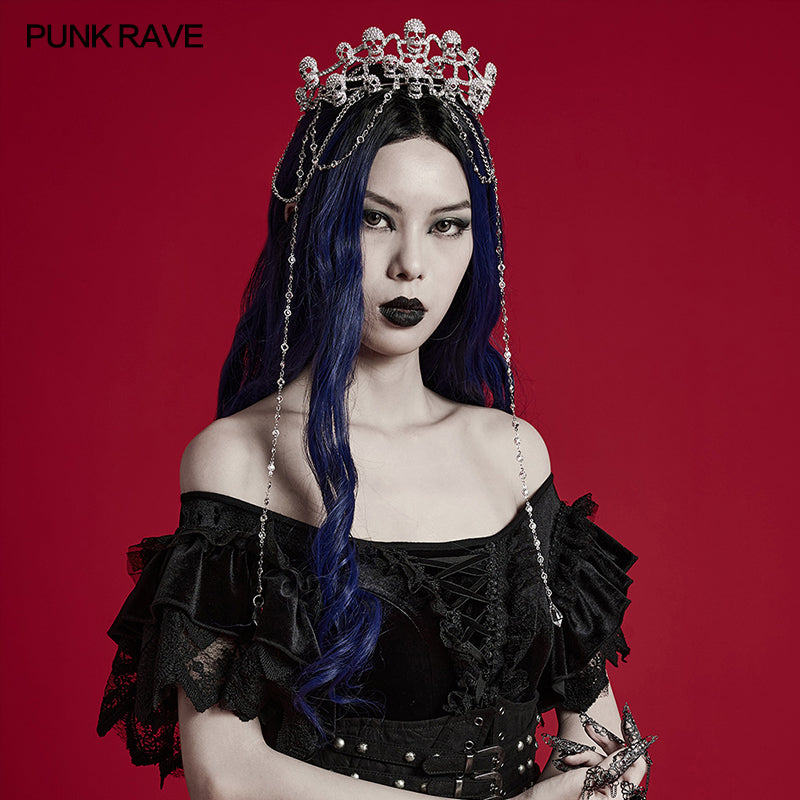 WS-605FSF Gothic Silver Skull Crown with Dramatic Chain Details?-??Punk Rave Clothing