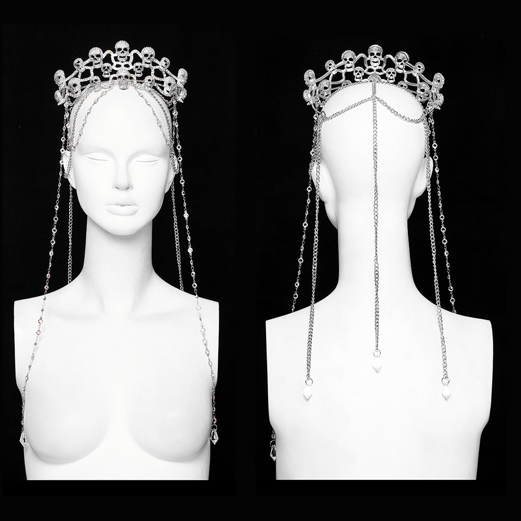 WS-605FSF Gothic Silver Skull Crown with Dramatic Chain Details?-??Punk Rave Clothing