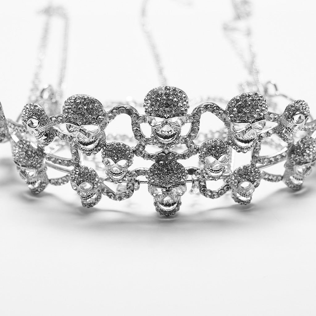 WS-605FSF Gothic Silver Skull Crown with Dramatic Chain Details