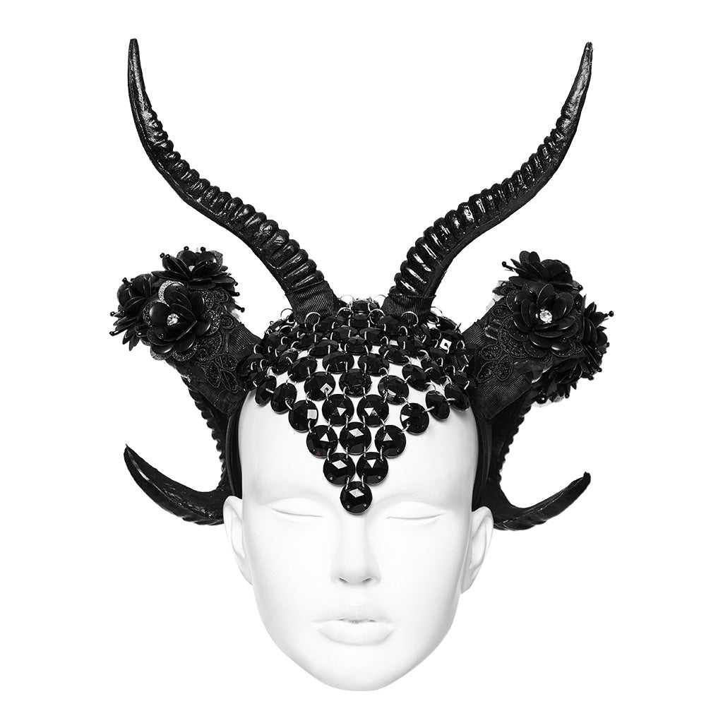 WS-613FSF Gothic Demon Horn Headdress with Floral and Gemstone Detailing?-??Punk Rave Clothing