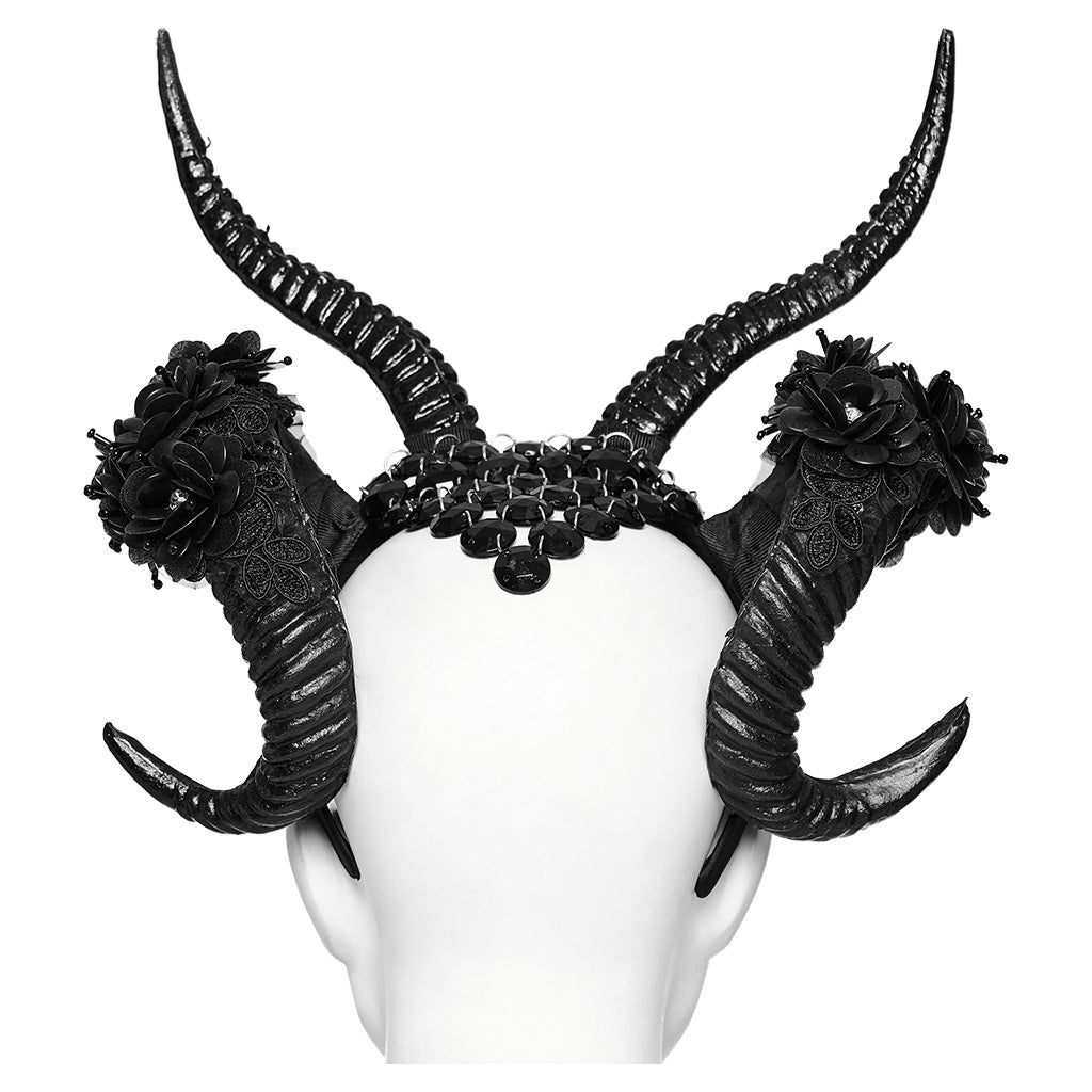 WS-613FSF Gothic Demon Horn Headdress with Floral and Gemstone Detailing