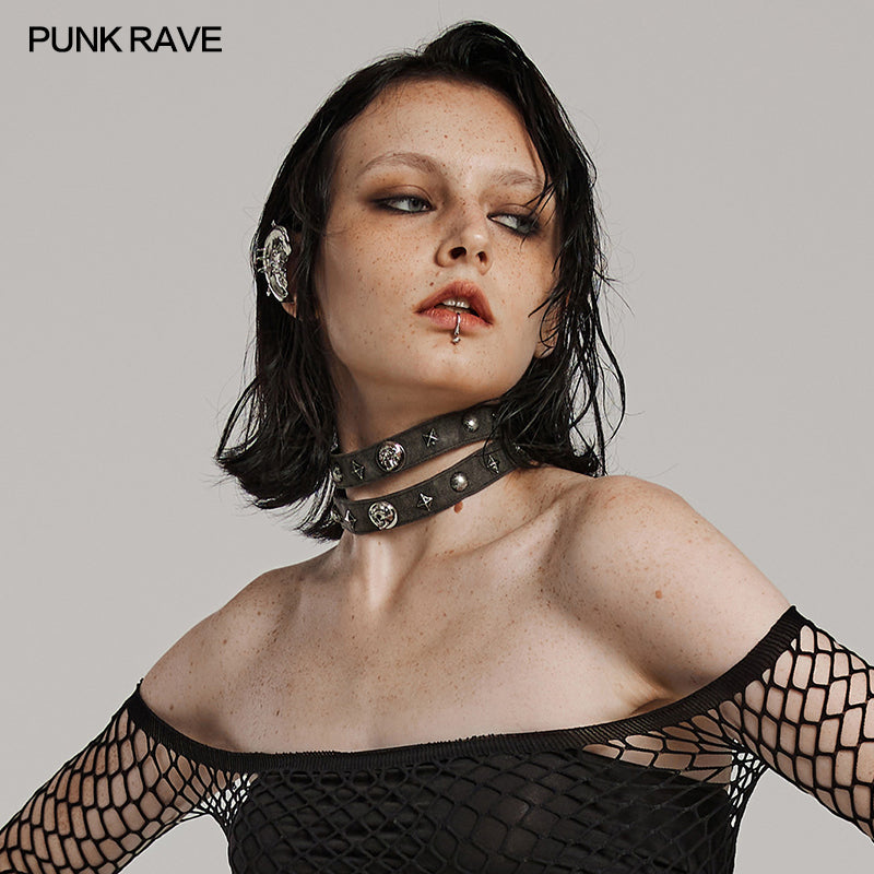 WS-625LH Gothic Skull Rivet Choker Punk Accessories Statement Necklace?-??Punk Rave Clothing