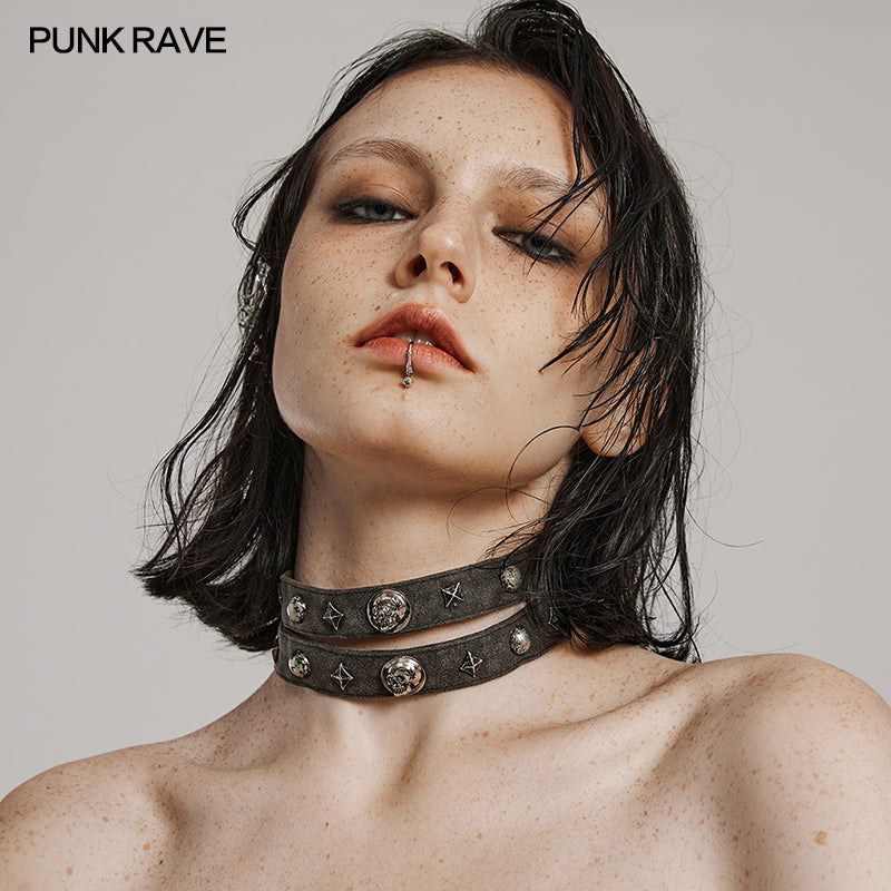 WS-625LH Gothic Skull Rivet Choker Punk Accessories Statement Necklace?-??Punk Rave Clothing