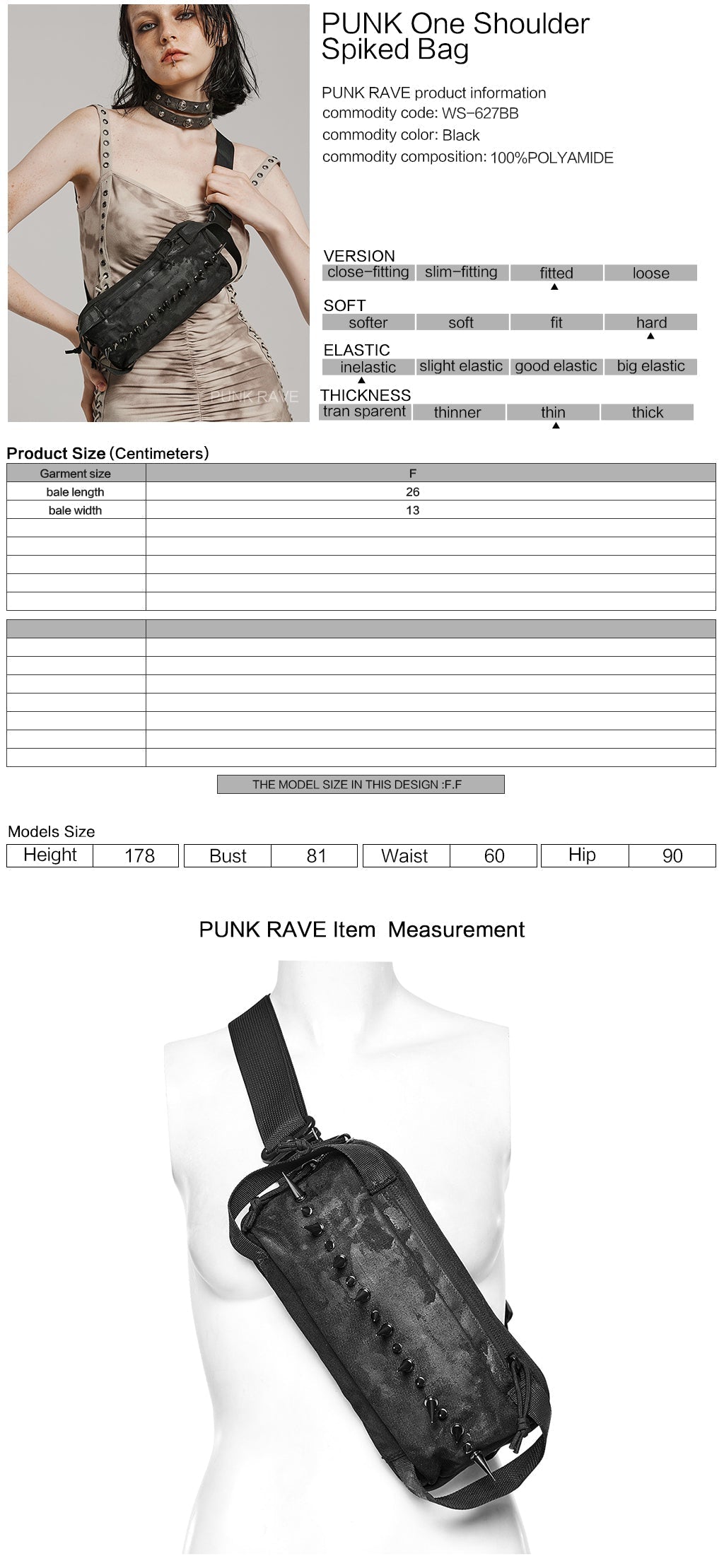 WS-627BB Edgy Black One-Shoulder Spiked Bag Punk Accessories?-??Punk Rave Clothing