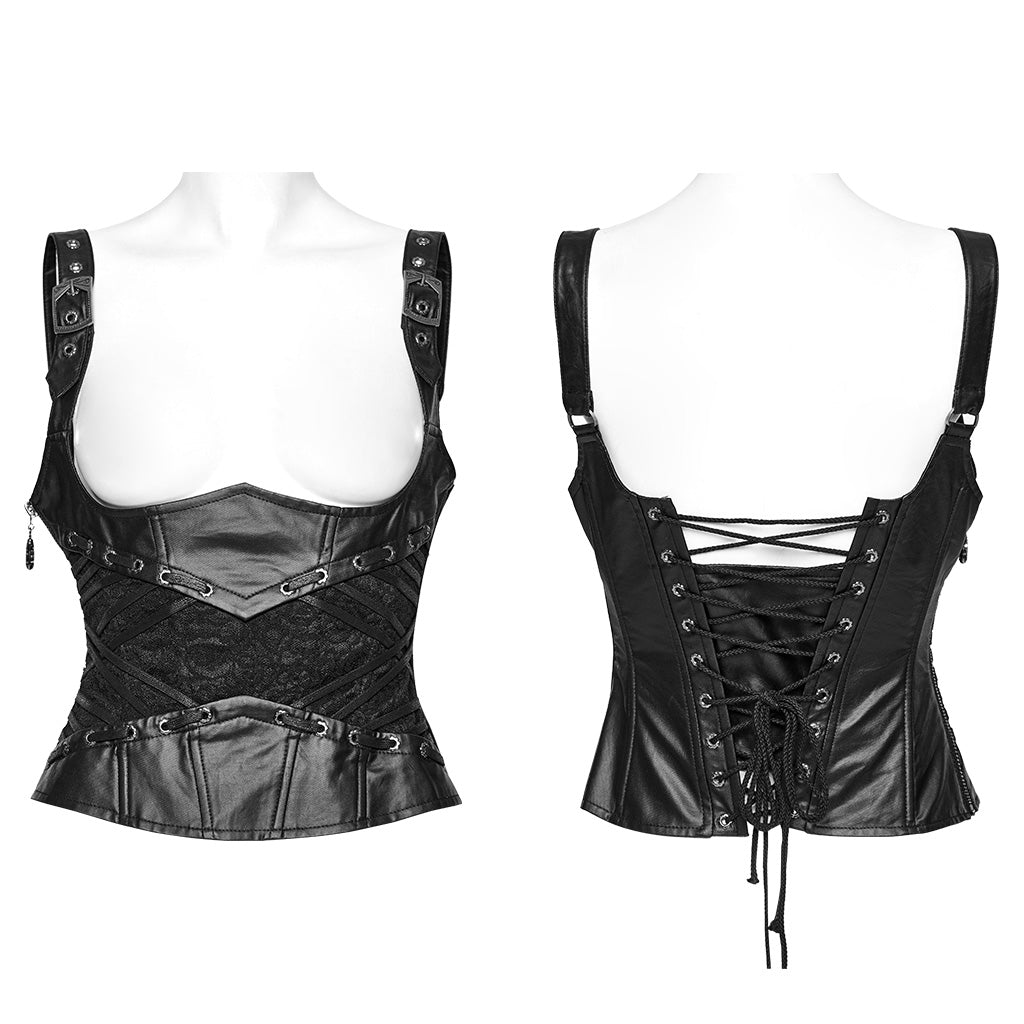 WS-630YDF Gothic Lace-Up Faux Leather Corset Vest with Buckle Straps