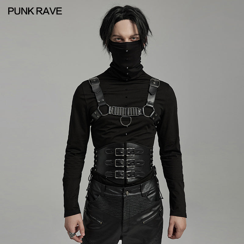 WS-635YDM Punk Rave Punk Corset Spiked Leather Waist Cincher with Red Buckle Straps?-??Punk Rave Clothing