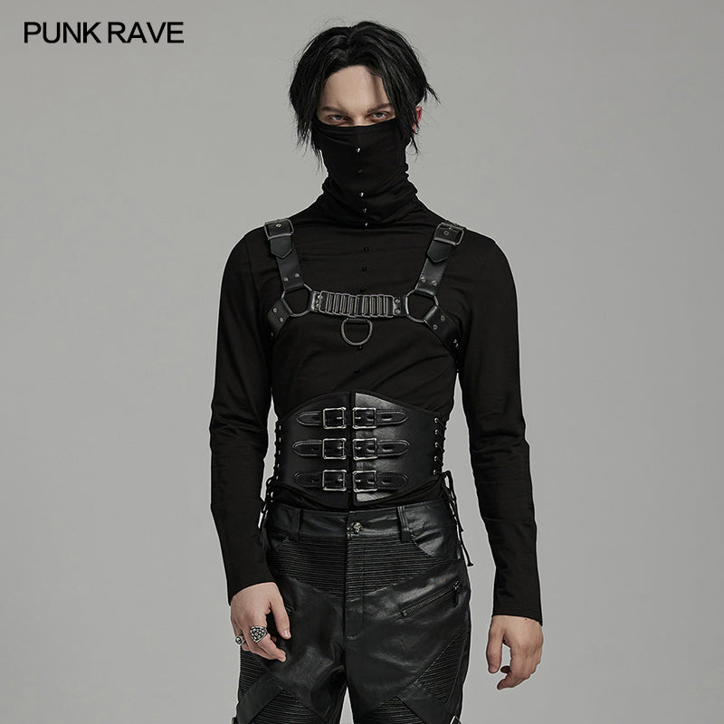 WS-635YDM Punk Rave Punk Corset Spiked Leather Waist Cincher with Red Buckle Straps?-??Punk Rave Clothing