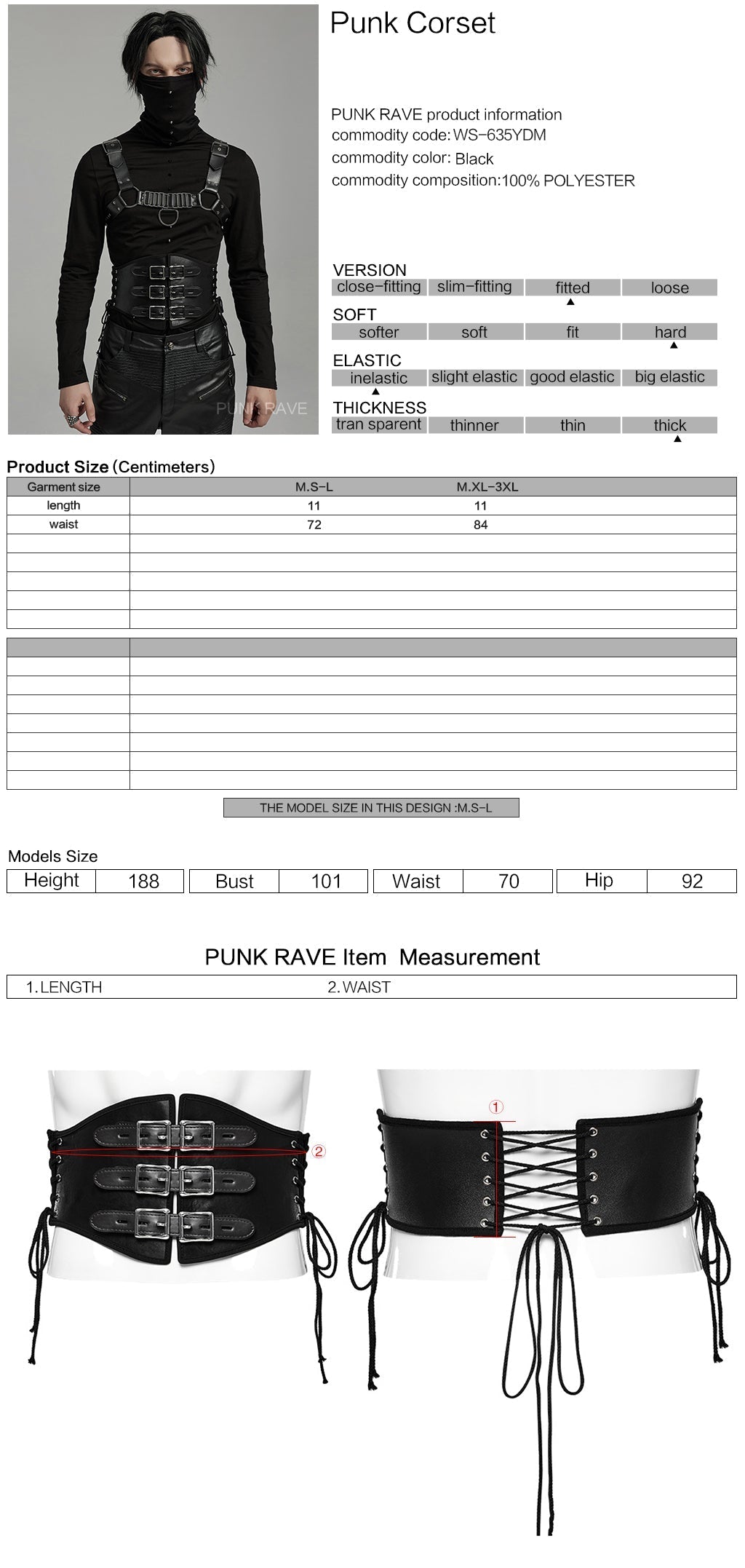WS-635YDM Punk Rave Punk Corset Spiked Leather Waist Cincher with Red Buckle Straps?-??Punk Rave Clothing