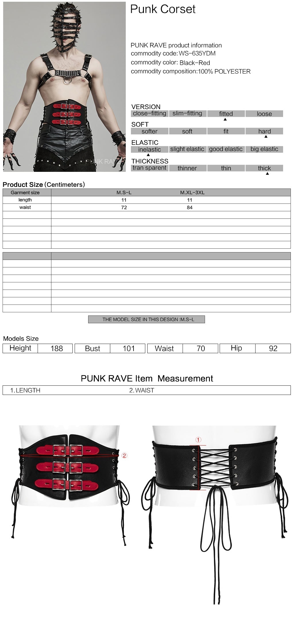 WS-635YDM Punk Rave Punk Corset Spiked Leather Waist Cincher with Red Buckle Straps?-??Punk Rave Clothing