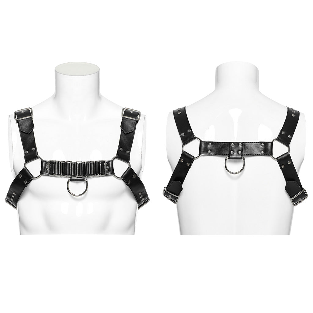 WS-637BDM Steampunk Leather Chest Harness with Metal Ring Details?-??Punk Rave Clothing