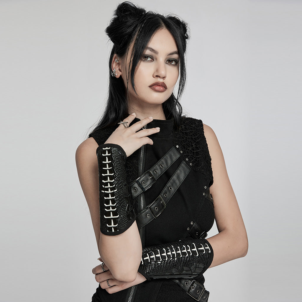 WS-640SSF Lace-Up Black Faux Leather Punk Gothic Arm Warmers?-??Punk Rave Clothing