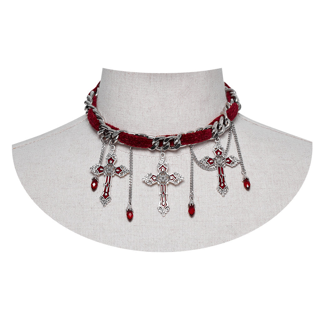 WS-659LHF Gothic Elegance Cross Choker Necklace Gothic Accessories Vintage Silver?-??Punk Rave Clothing