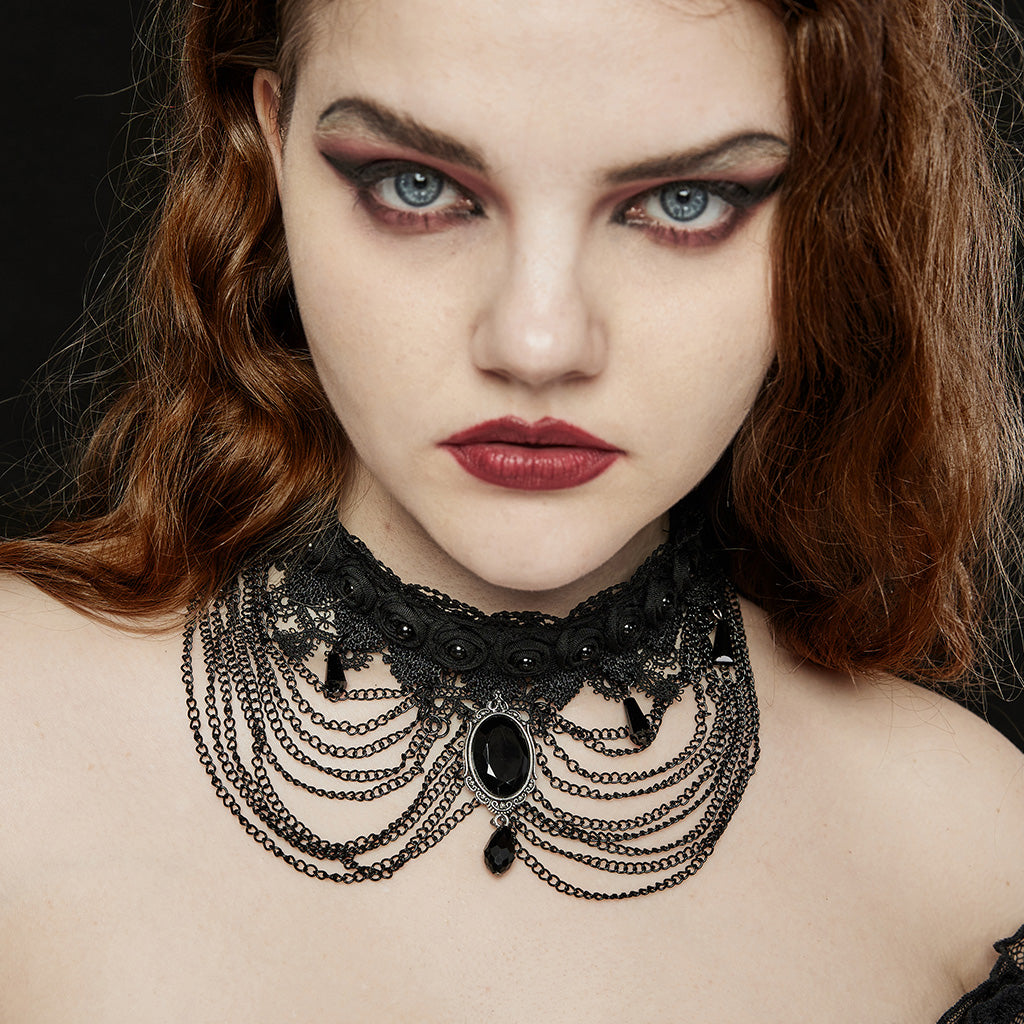 WS-668LHF Gothic Lace Choker Necklace Black Lace Chains Victorian Rose?-??Punk Rave Clothing