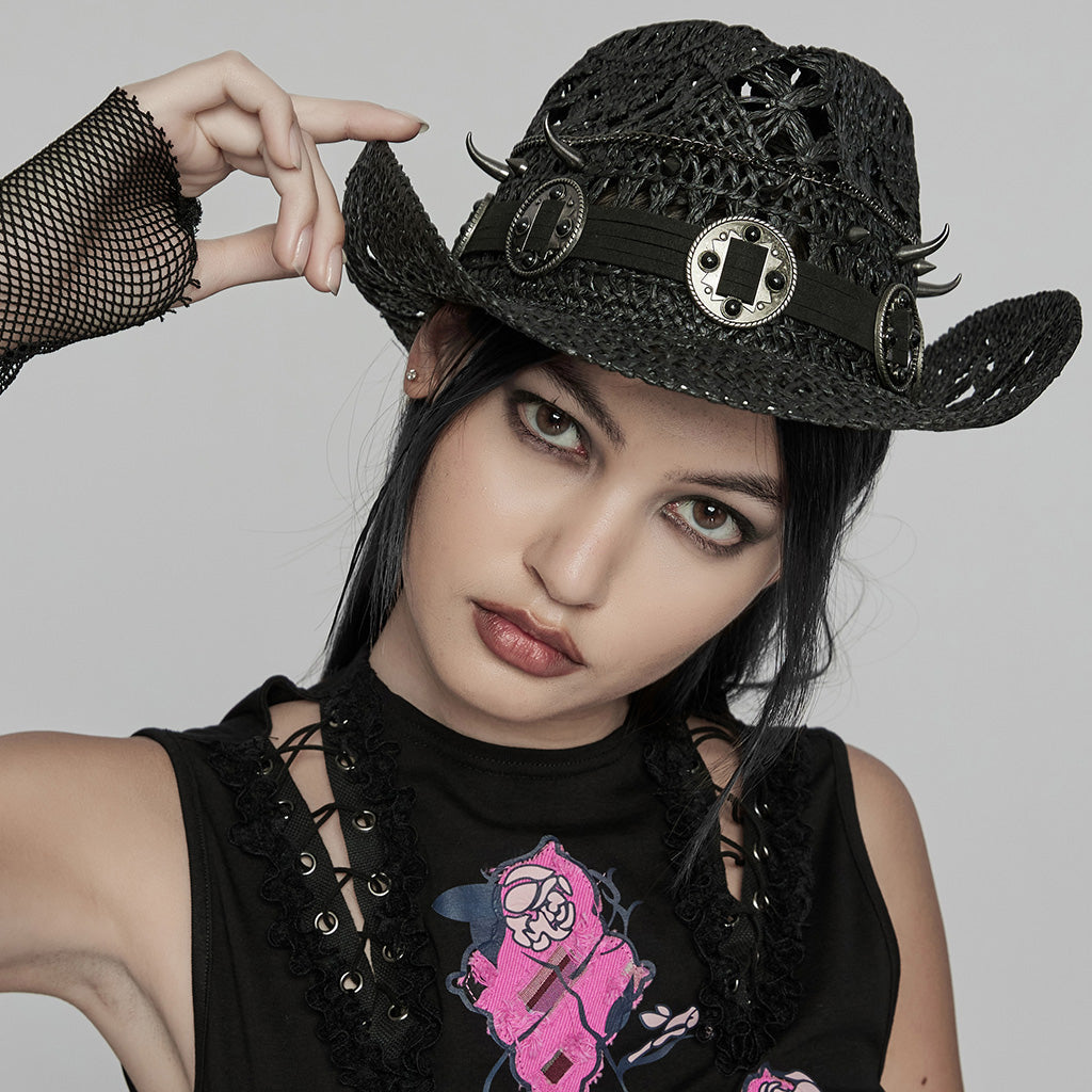 WS-675MZ Intricate Black Mesh Punk Rocker Hat?-??Punk Rave Clothing