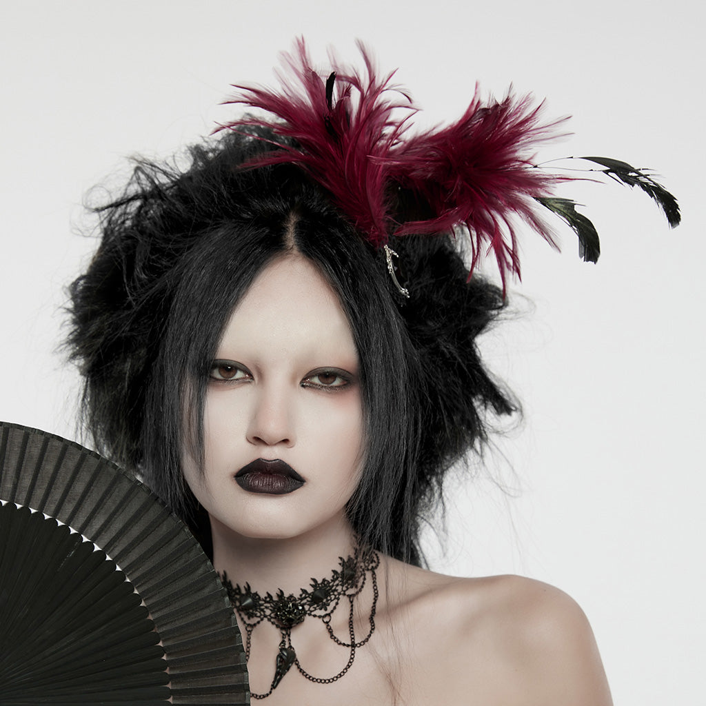 WS-683LHF Gothic Feather Fascinator Headpiece with Mystic Eye Gemstone?-??Punk Rave Clothing