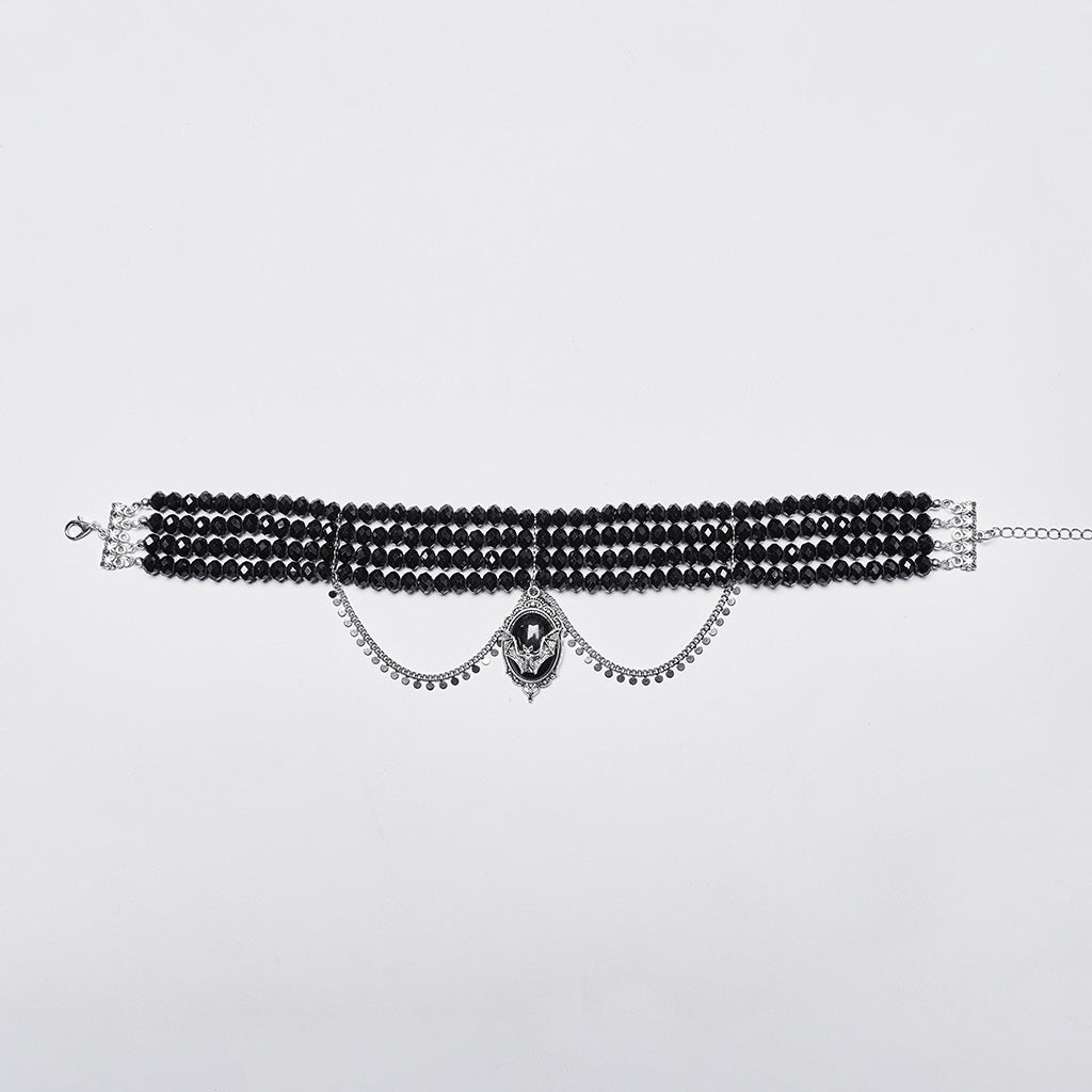 WS-710LHF Gothic Black Beaded Choker with Bat Pendant Punk Accessories?-??Punk Rave Clothing