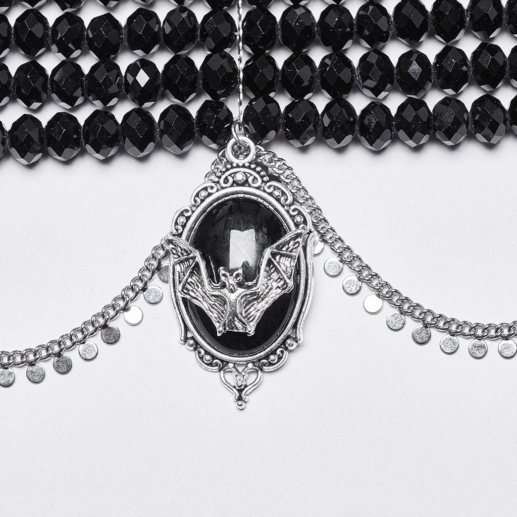 WS-710LHF Gothic Black Beaded Choker with Bat Pendant Punk Accessories?-??Punk Rave Clothing