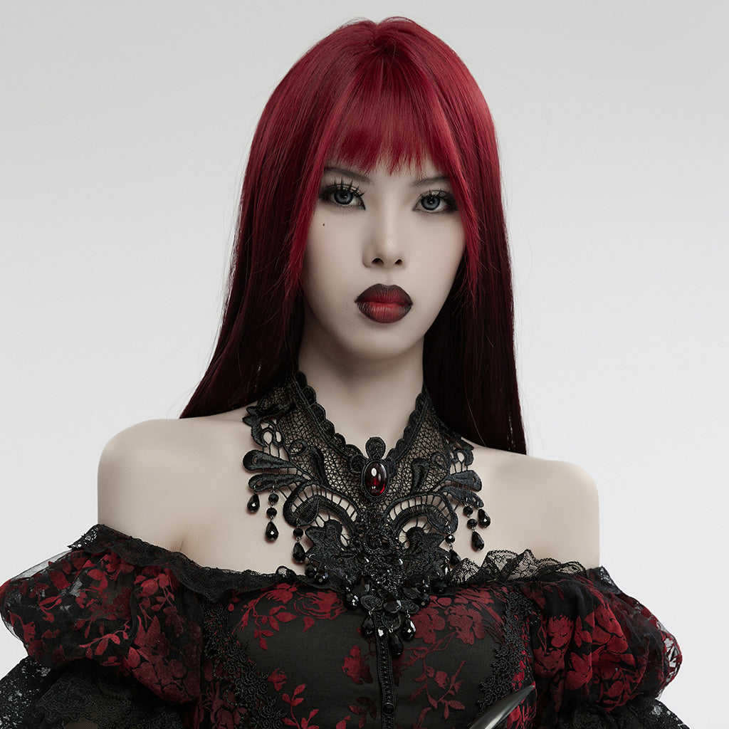 WS-711LHF Gothic Ruby Black Lace Choker Necklace with Beaded Fringe?-??Punk Rave Clothing