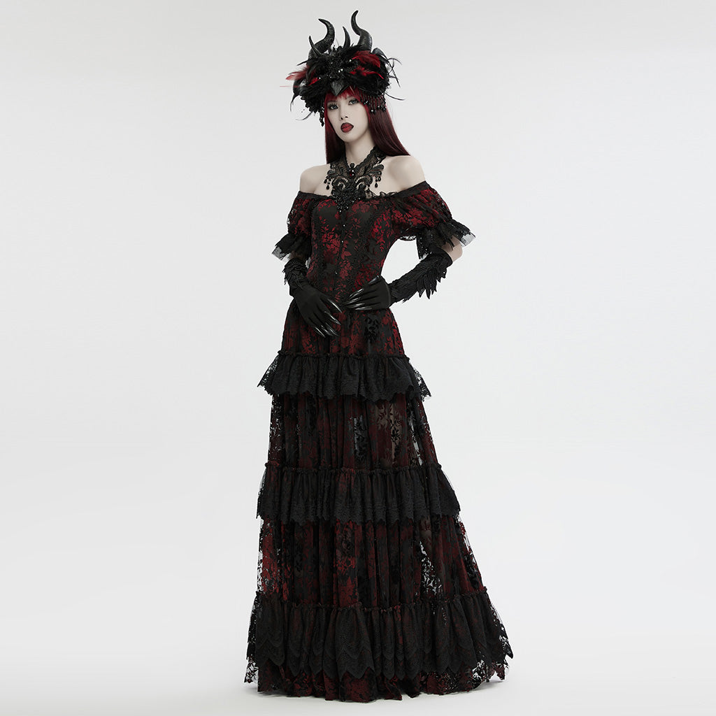 WS-711LHF Gothic Ruby Black Lace Choker Necklace with Beaded Fringe?-??Punk Rave Clothing