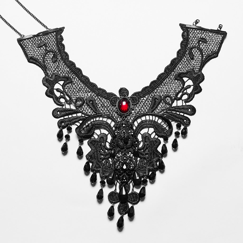 WS-711LHF Gothic Ruby Black Lace Choker Necklace with Beaded Fringe?-??Punk Rave Clothing