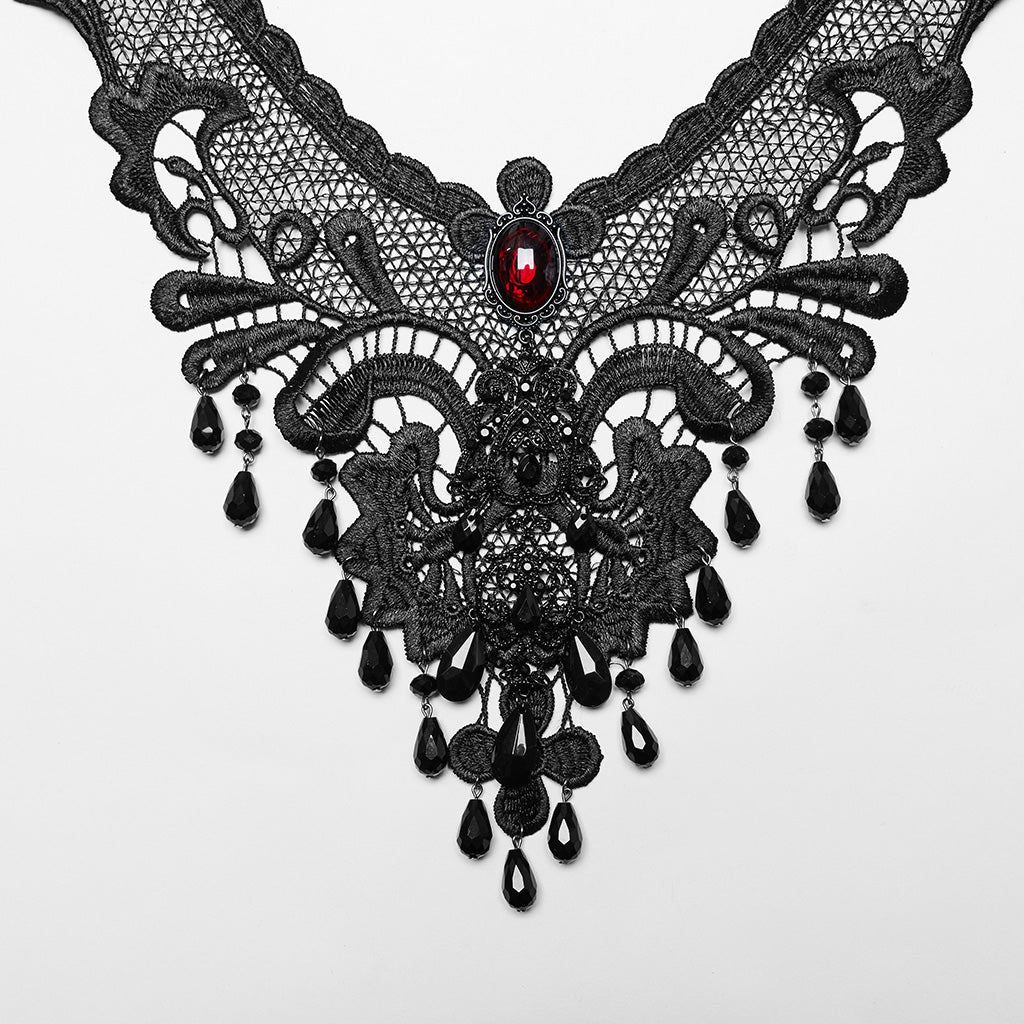 WS-711LHF Gothic Ruby Black Lace Choker Necklace with Beaded Fringe?-??Punk Rave Clothing