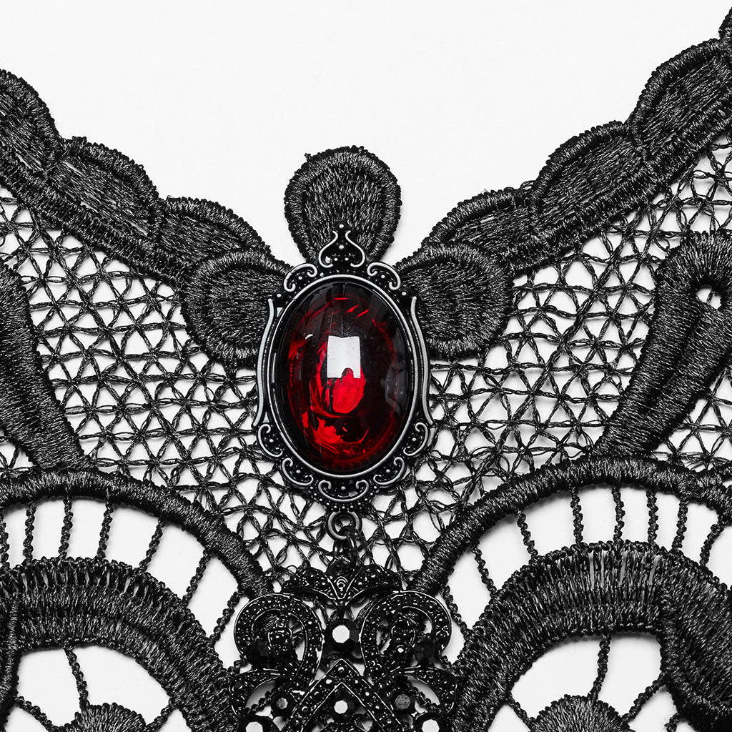 WS-711LHF Gothic Ruby Black Lace Choker Necklace with Beaded Fringe?-??Punk Rave Clothing