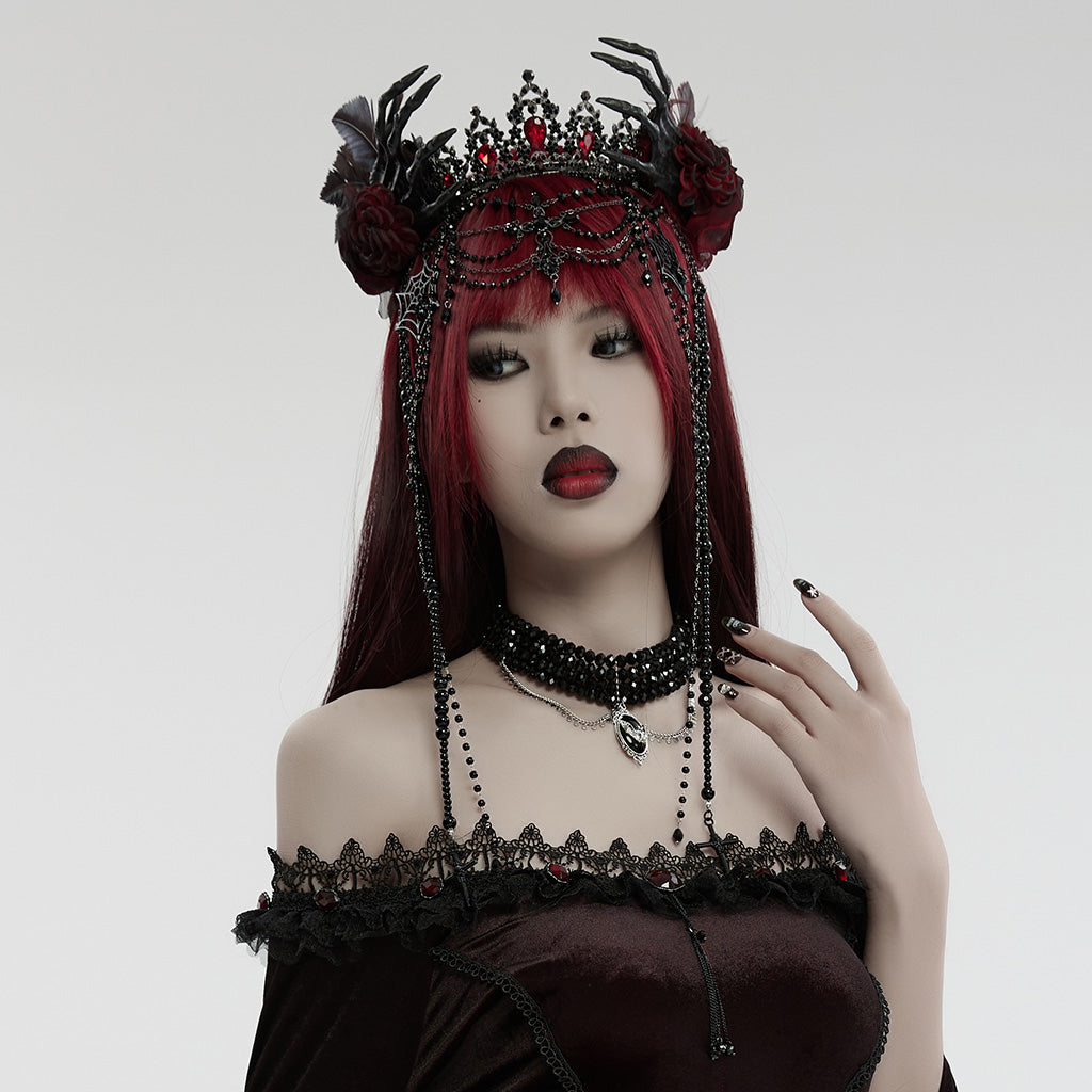 WS-715FSF Gothic Regal Rose Crown with Black Beaded Chains?-??Punk Rave Clothing