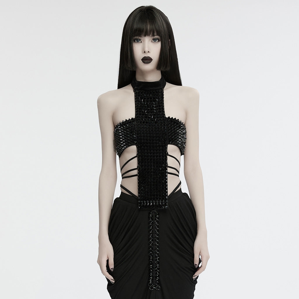 WS-716OTF Edgy Gothic Halter Vest with Cross Studded Design?-??Punk Rave Clothing