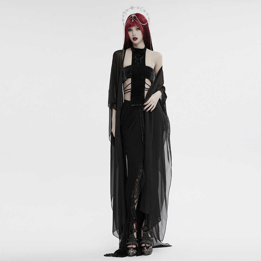 WS-716OTF Edgy Gothic Halter Vest with Cross Studded Design?-??Punk Rave Clothing