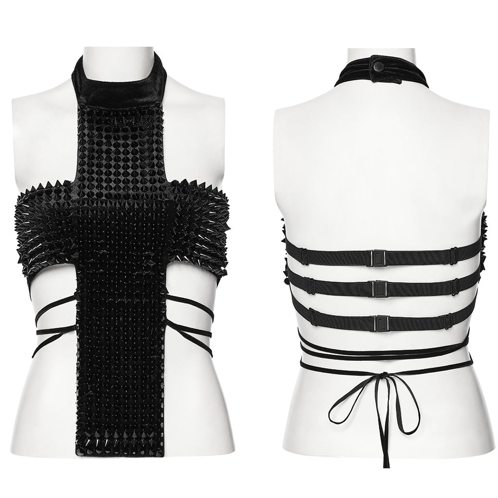 WS-716OTF Edgy Gothic Halter Vest with Cross Studded Design?-??Punk Rave Clothing
