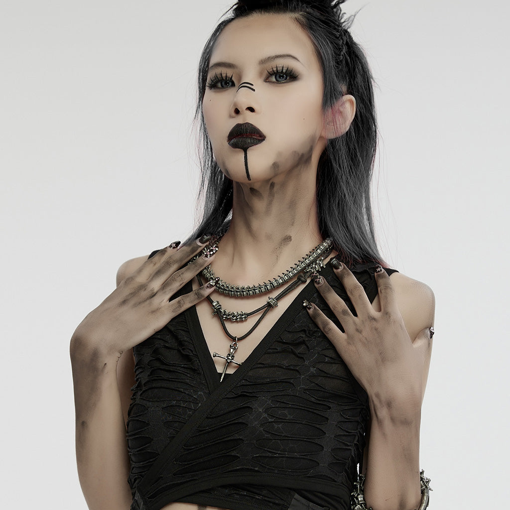 WS-718LHF Edgy Punk Spine Cross Layered Necklace Set