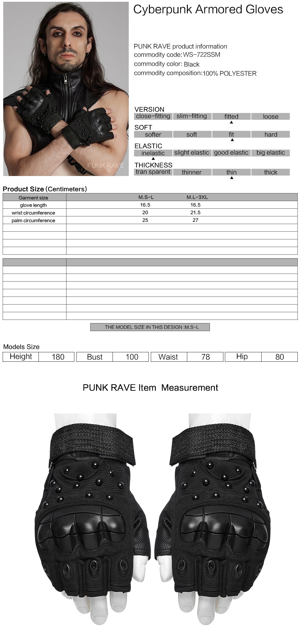 WS-722SSM Tactical Studded Punk Gloves with Reinforced Knuckle Armor?-??Punk Rave Clothing
