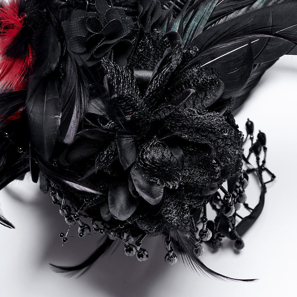 WS-729FSF Gothic Horned Feather Headpiece with Red and black Beads?-??Punk Rave Clothing