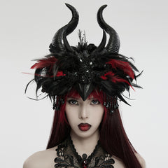 WS-729FSF Gothic Horned Feather Headpiece with Red and black Beads