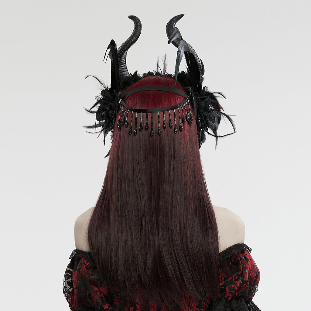 WS-729FSF Gothic Horned Feather Headpiece with Red and black Beads?-??Punk Rave Clothing