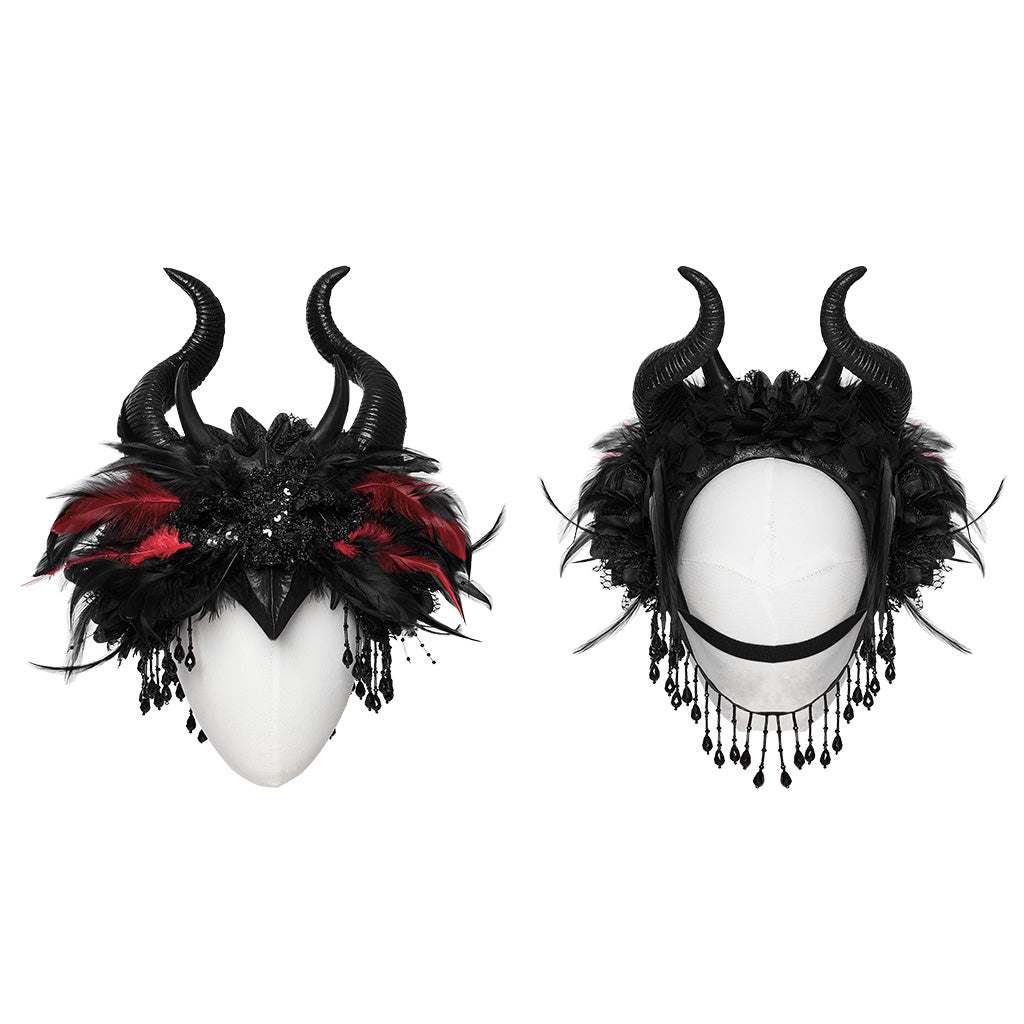 WS-729FSF Gothic Horned Feather Headpiece with Red and black Beads