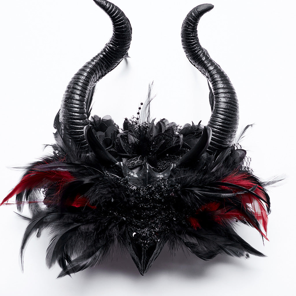 WS-729FSF Gothic Horned Feather Headpiece with Red and black Beads?-??Punk Rave Clothing